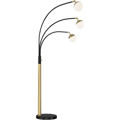 Rayne Black and Gold Adjustable Arc Floor Lamp with Frosted Glass Shades