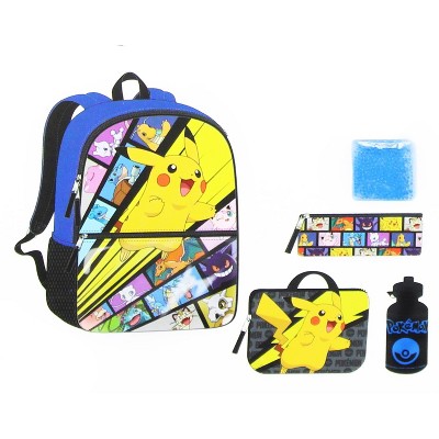 Bioworld Pokemon 5 Piece 16 Inch Backpack | Utlity & Pencil Cases | Ice Pack | Bottle