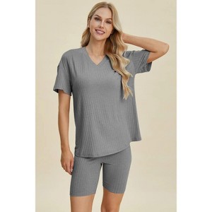 I am a Fashion Junky Basic Bae Full Size Ribbed V-Neck Short Sleeve Top and Shorts Set - 1 of 4