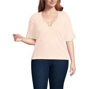 Lands' End Women's Elbow Sleeve Slub Lace Trim T-Shirt - 1 of 4