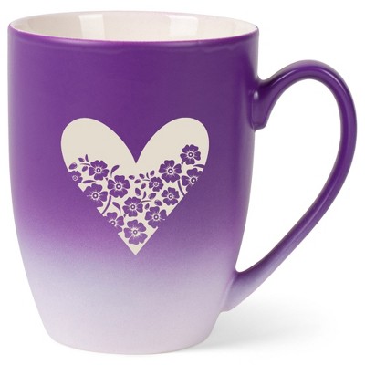 Elanze Designs Heart and Flowers 12 Ounce Ceramic Laser-Etched Engraved Drinkware Mug, Purple and White Ombre