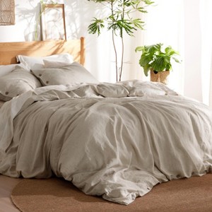 3 Pieces Linen Soft & Cozy Duvet Cover Linen Cotton Blend Bedding Set Tropical Plants Beige Color Cooling Bedding - 1 of 4