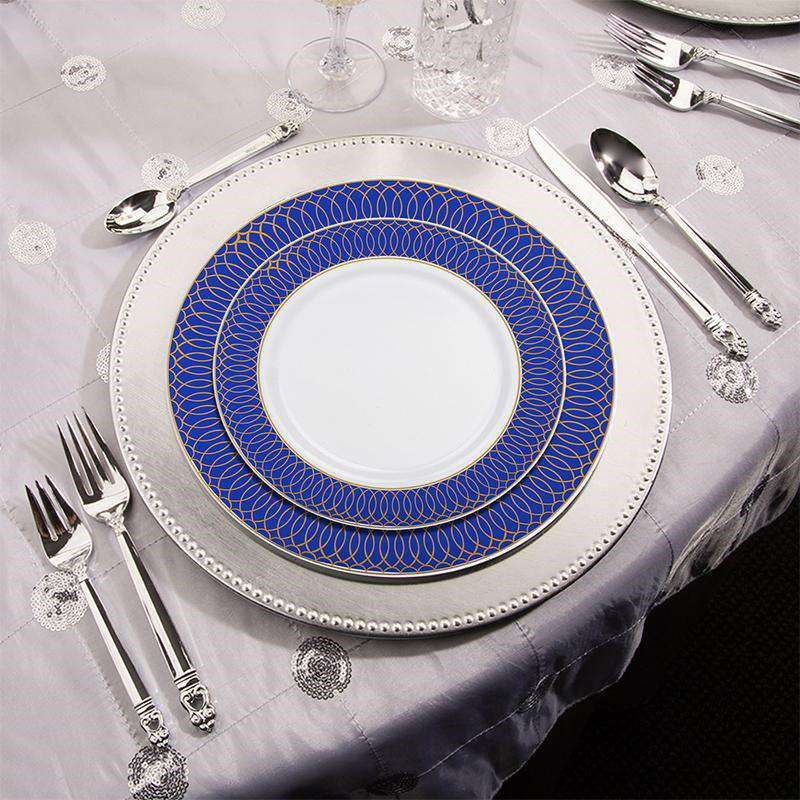 Smarty Had A Party 10.25" White with Gold Spiral on Blue Rim Plastic Dinner Plates (120 plates), 4 of 5