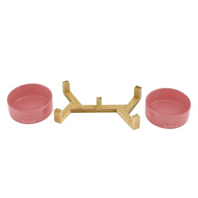 Pink Ceramic Dual Pet Bowl with Wooden Stand
