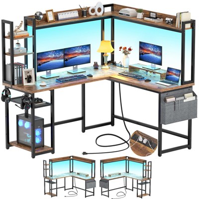 Besiost Corner Computer Desk with Hutch and Led Lights, L-Shaped Desk with Power Outlet