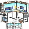 Besiost Corner Computer Desk with Hutch and Led Lights, L-Shaped Desk with Power Outlet - 3 of 4