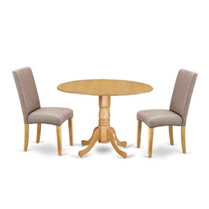 Round Dining Table Set - 42 Inch Table with 2 Chairs - Linen Fabric Seats - Oak Finish Legs - 1 of 4