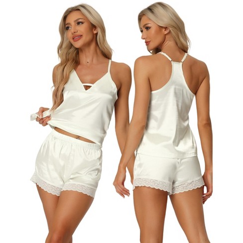 cheibear Women's Satin Lingerie Lace Trim Cami Tops with Shorts V-Neck  Sleepwear Pajamas Sets White Small