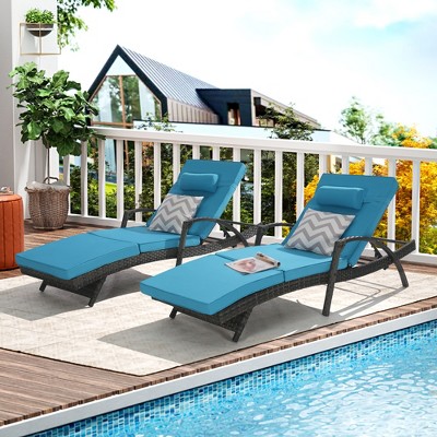 Set of 2 Outdoor Lounge Chair 5-Position Chaise Lounge Wicker Long Reclining Chair Lawn Sunbathing Chairs with Cushion, Gray/Beige/Blue/Red-ModernLuxe
