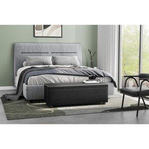 Mid-Century Storage Ottoman Bench – Synthetic Leather Stitching, Safety Hinges | 680LBS Capacity Bedroom Footrest - 1 of 4