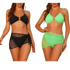 Elerevyo Women's Halter Ring Textured Solid Color Cover Up Mesh Skirt Bikini Bathing Suits 2 Sets - 1 of 4