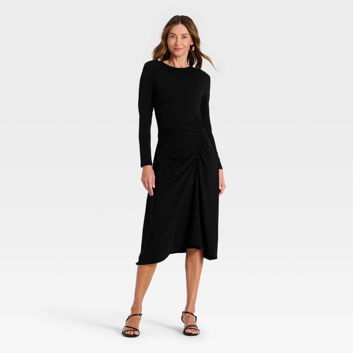 Women's Long Sleeve Side Rouching Midi Knit Dress - A New Day™
