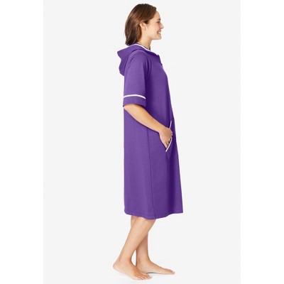 Plum Burst Cotton Blend Hooded Midi Robe with Piping