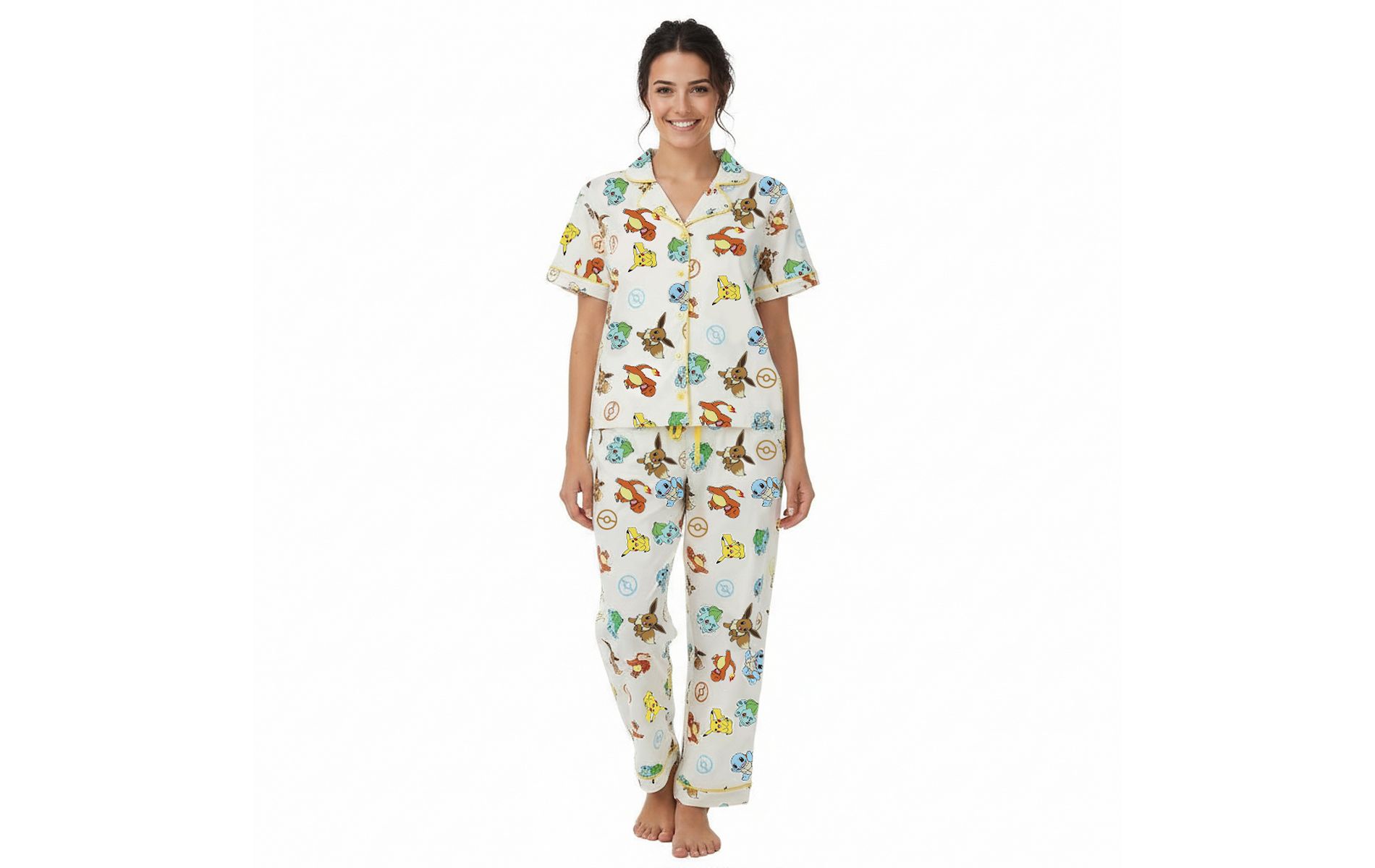 Pokemon All-Over Print Women’s Button-Down Shirt And Pants 2-Piece Pajama Set