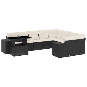 vidaXL Patio Sofa Set with Cushions Outdoor Furniture 10 Piece Poly Rattan - Black and Cream - 1 of 4