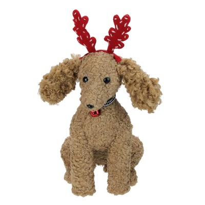 Northlight 14.5" Plush Tan Bichon Frisé Puppy Dog with Red Antlers Christmas Decoration