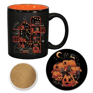Courtside Market Happy Meoween Black Cat Halloween 11 oz Artisan Ceramic Mugs & Coaster Set - 1 of 1