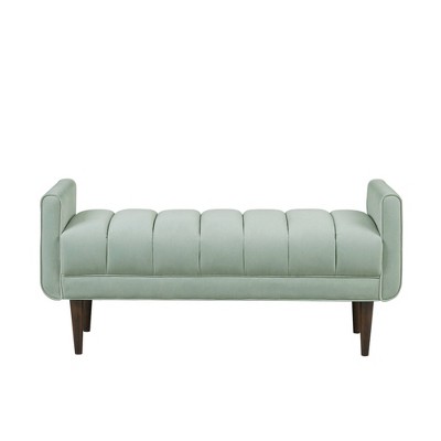 Pistachio Green Velvet Upholstered Channel Bench with Dark Wood Legs