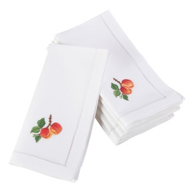 Saro Lifestyle Embroidered Peach Design Hemstitched Trim Border Cotton Napkin (Set of 6), 20"x20", White