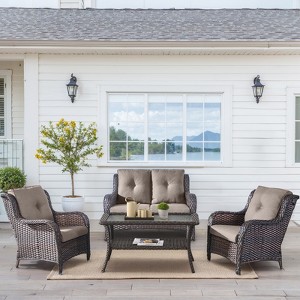 Buenhomino 4 Pieces Patio Conversation Set Outdoor Rattan Patio Furniture Set Wicker Chair with Thick Cushion and Glass Table for Patio Backyard Porch - 1 of 4