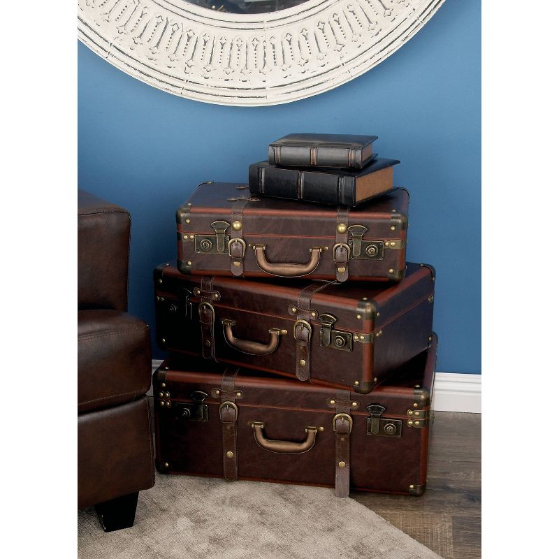 Set of 3 Vintage Real Leather and Wood Trunks Brown - Olivia &#38; May, 3 of 33
