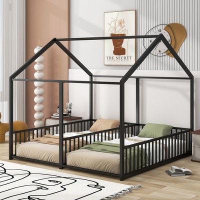 NicBex Twin Size Platform Bed Modern House-Shaped Metal Bed Frame with 2 Beds Side by Side and Guardrails for Bedroom, No Box Spring Required