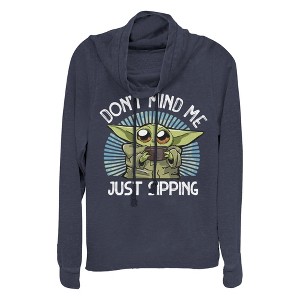 Junior's Star Wars: The Mandalorian Grogu Don't Mind Me Just Sipping Cowl Neck Sweatshirt - 1 of 4