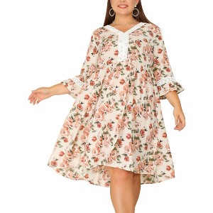 Agnes Orinda Women's Plus Size Floral Print Ruffle 3/4 Sleeve V Neck Lace Hollow Panel Retro Babydoll Midi A Line Dresses - 1 of 4