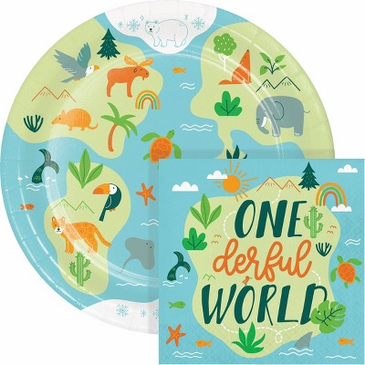Creative Converting World Adventure Onederful World First Birthday Wildlife Animal Plates and Napkins Set 16ct