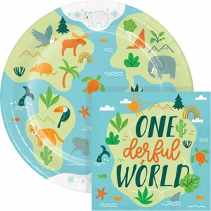 Creative Converting World Adventure Onederful World First Birthday Wildlife Animal Plates and Napkins Set 16ct - 1 of 4