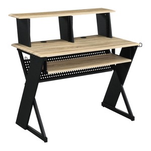 Gulches Natural & Black Music Desk with Cord Management ¨C Built-in Keyboard Tray, Hutch & Earphone Rack for Musicians/Composers - 1 of 4