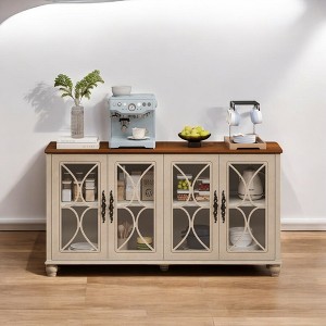 4-Door Cabinet with Tempered Glass Doors,Elegant European Antique Style,MDF with Wood Veneer,Adjustable Shelves,Storage Sideboards for Dining - 1 of 4