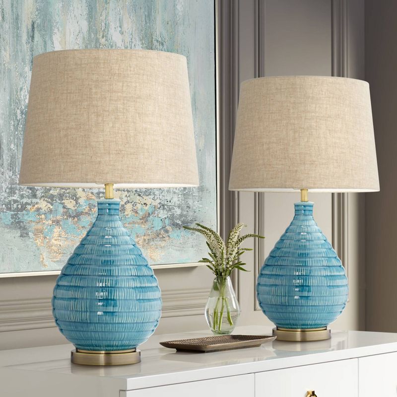 360 Lighting Kayley 24" High Small Mid Century Modern Coastal Table Lamps Set of 2 Blue Ceramic Living Room Bedroom Bedside Nightstand House Office, 2 of 6