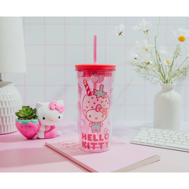 Silver Buffalo Sanrio Hello Kitty Strawberries Plastic Tumbler With Lid and Straw | 20 Ounces, 4 of 7