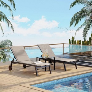 Outdoor Lounge Chairs With Wheels, Adjustable Backrest Poolside Loungers, Patio Chaise Lounge Chairs With Side Table Set of 3 Khaki - 1 of 4