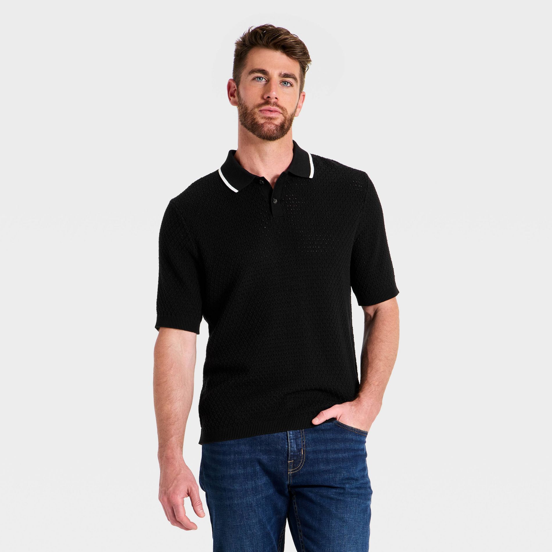 Men's Short Sleeve Open Work 2-Button Tipped Sweater Polo - Goodfellow & Co™
