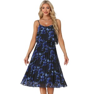 Allegra K Women's Floral Pleated Ruffle Spaghetti Strap Midi Sundresses - 1 of 4