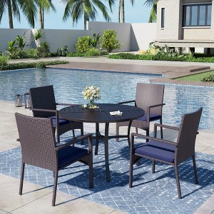 Captiva Designs 5pc Patio Slat-top Round Steel Dining Table & Rattan Chairs with Removable Cushions - 1 of 4
