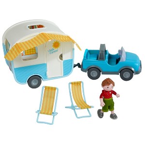 HABA Little Friends Vacation Camper Play Set with All Terrain Push & Go Vehicle, 2 Lawn Chairs and 4" Bendy Boy Doll Figure - 1 of 4