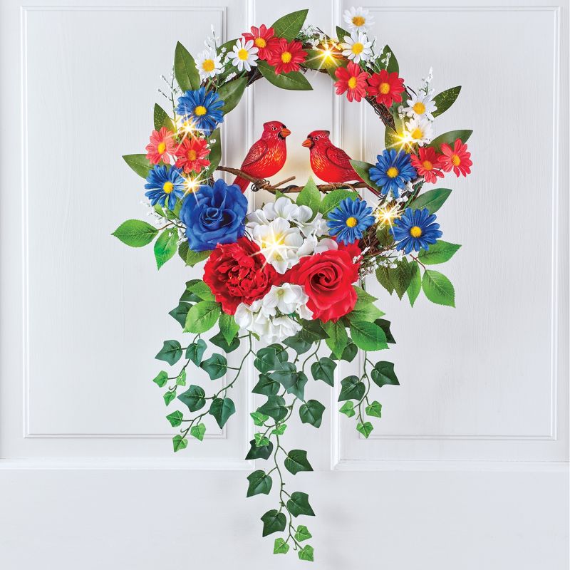 Collections Etc Lighted Patriotic Cardinal Wreath with Greenery 16" x 4.5" x 25", 2 of 4