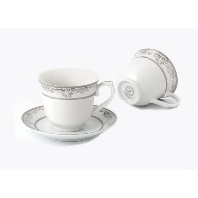 Elegant Silver Floral Porcelain Tea Cups and Saucers Set, 8 oz, Set of 4
