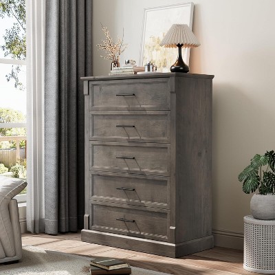 GAOMON Farmhouse 5 Drawer Dresser for Bedroom, Tall Chest of Drawers with Metal Handles, Rustic Wooden Dresser TV Stand
