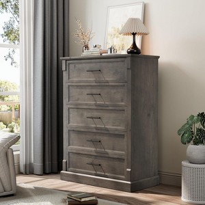 GAOMON Farmhouse 5 Drawer Dresser for Bedroom, Tall Chest of Drawers with Metal Handles, Rustic Wooden Dresser TV Stand - 1 of 4