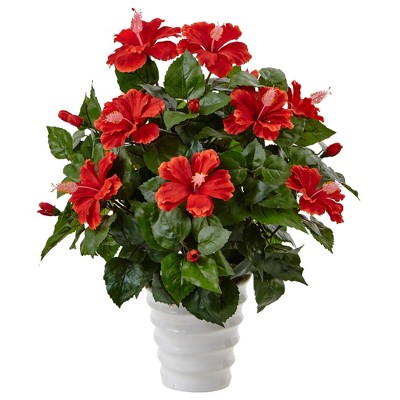 22" x 18" Artificial Hibiscus Flowering Plant in Swirl Planter - Nearly Natural