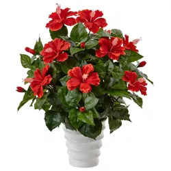 22" x 18" Artificial Hibiscus Flowering Plant in Swirl Planter - Nearly Natural