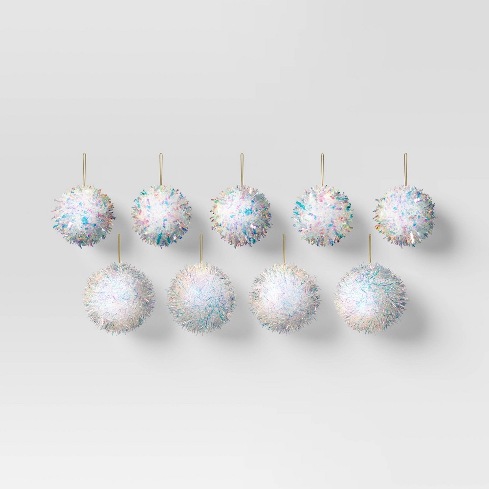 9ct 4" Christmas Iridescent Pom Pom Ball Ornament Set White - Wondershop™