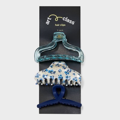 Girls&#39; 3pk Blue Floral Claw Clip Set - art class&#8482;