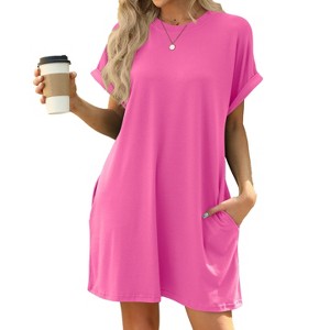 BLUEMING Womens T Shirt Dresses Crew Neck Mini Dresses Casual Short Sleeve Loose Flowy Dress with Pockets - 1 of 4