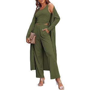 Ekouaer Women's 3 Piece Lounge Set Pajama Long Sleeve Cardigan Sleeveless Top Pants Sweatsuit - 1 of 4