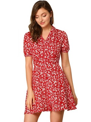 Allegra K Women's Button Up Short Sleeve A-Line Chiffon Vintage Floral Shirt Dress